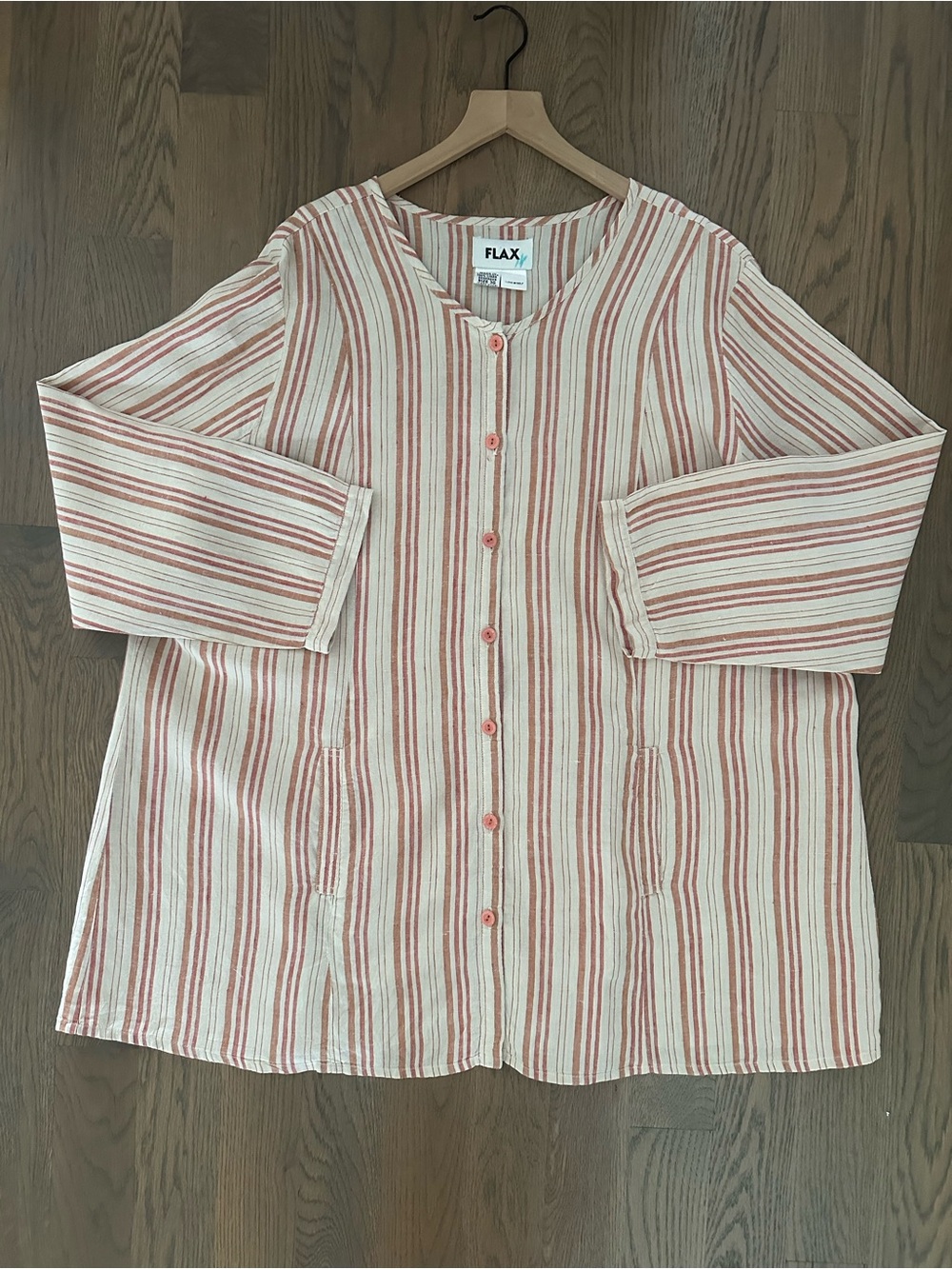 Vintage Flax Round Neck Button Front Linen Tunic Blouse Cream, Red, Orange 3XL